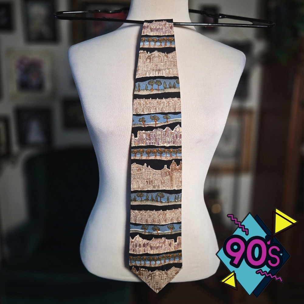 Structure Silk Tie Vintage 90s Architecture Landscape Print Made in USA Men Blue